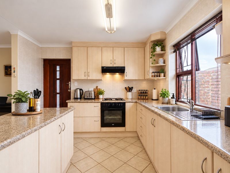 A functional kitchen featuring light wood cabinetry, granite countertops, a built-in oven with hob, and a tiled backsplash with a window view.