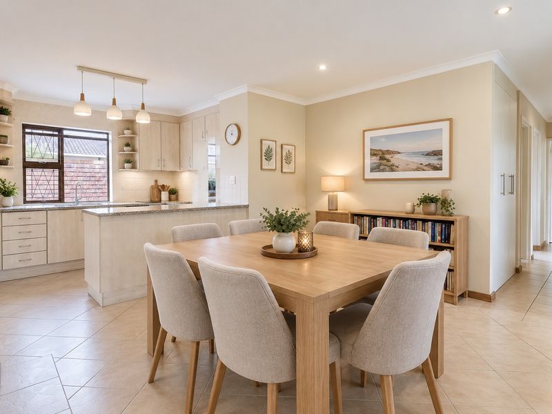 Bright open-plan kitchen and dining area featuring light wood cabinetry, granite countertops, tiled flooring, and modern recessed lighting.