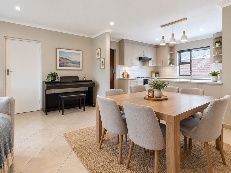 A bright and modern open-plan living and dining area featuring a well-appointed kitchen with stone countertops, subway tile backsplash, and contemporary lighting.