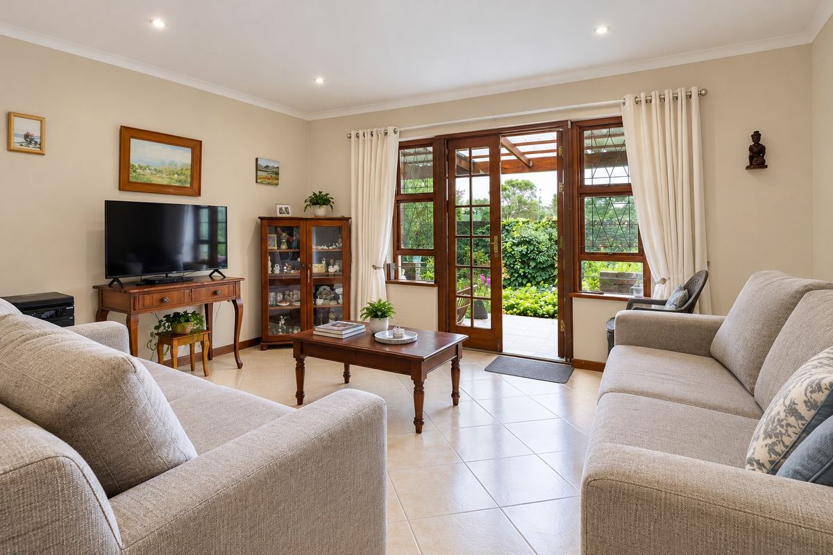 A bright living room featuring tiled flooring, recessed lighting, and timber-framed glass doors providing direct access to the outdoor patio area.