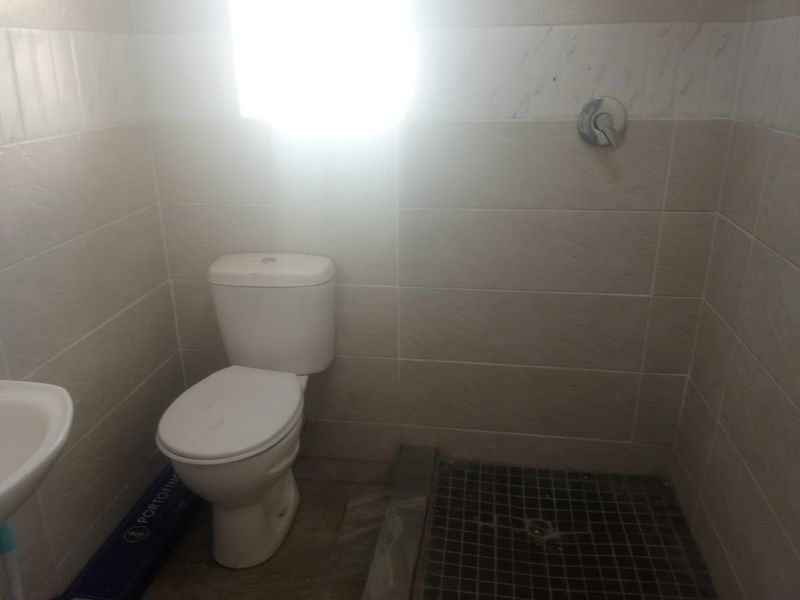 A compact bathroom featuring tiled walls, a standard toilet, a wash basin, and a walk-in shower area with mosaic floor tiling.