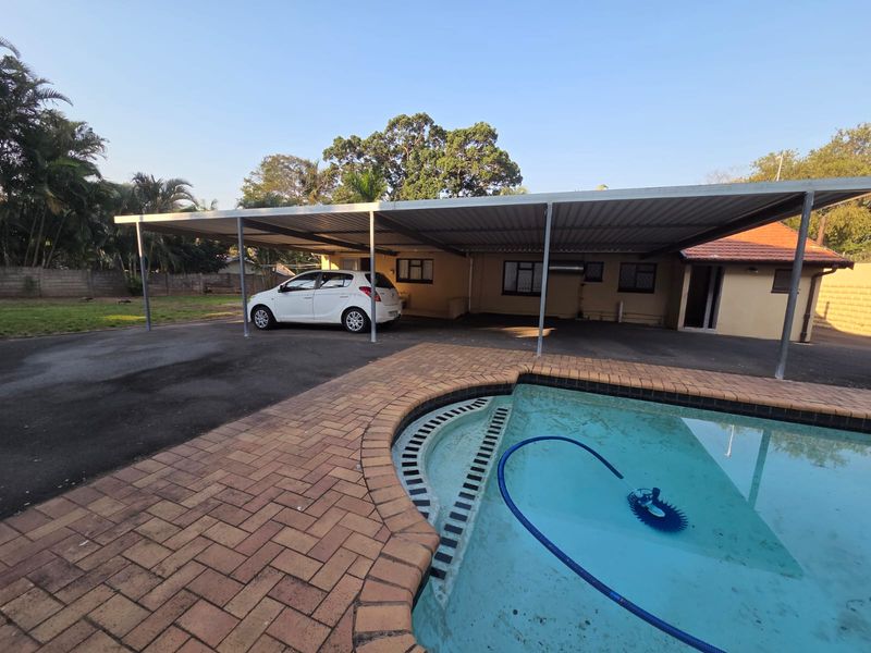 Outdoor area featuring a swimming pool with brick coping and a large metal carport structure providing covered parking space.