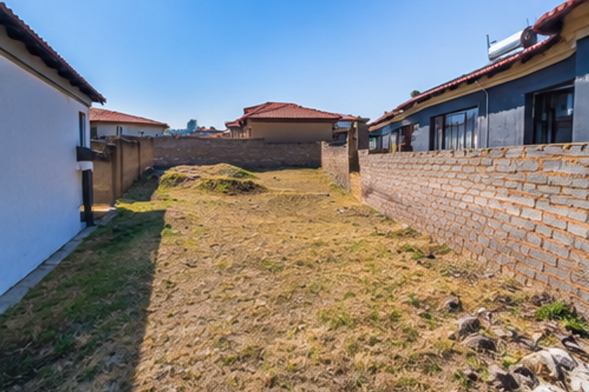 A view of the rear yard area featuring boundary walls and uneven terrain, situated between neighboring residential properties.