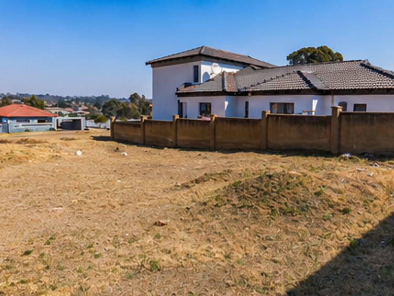 A vacant residential plot featuring dry, uneven terrain enclosed by a perimeter boundary wall in a suburban neighborhood setting.