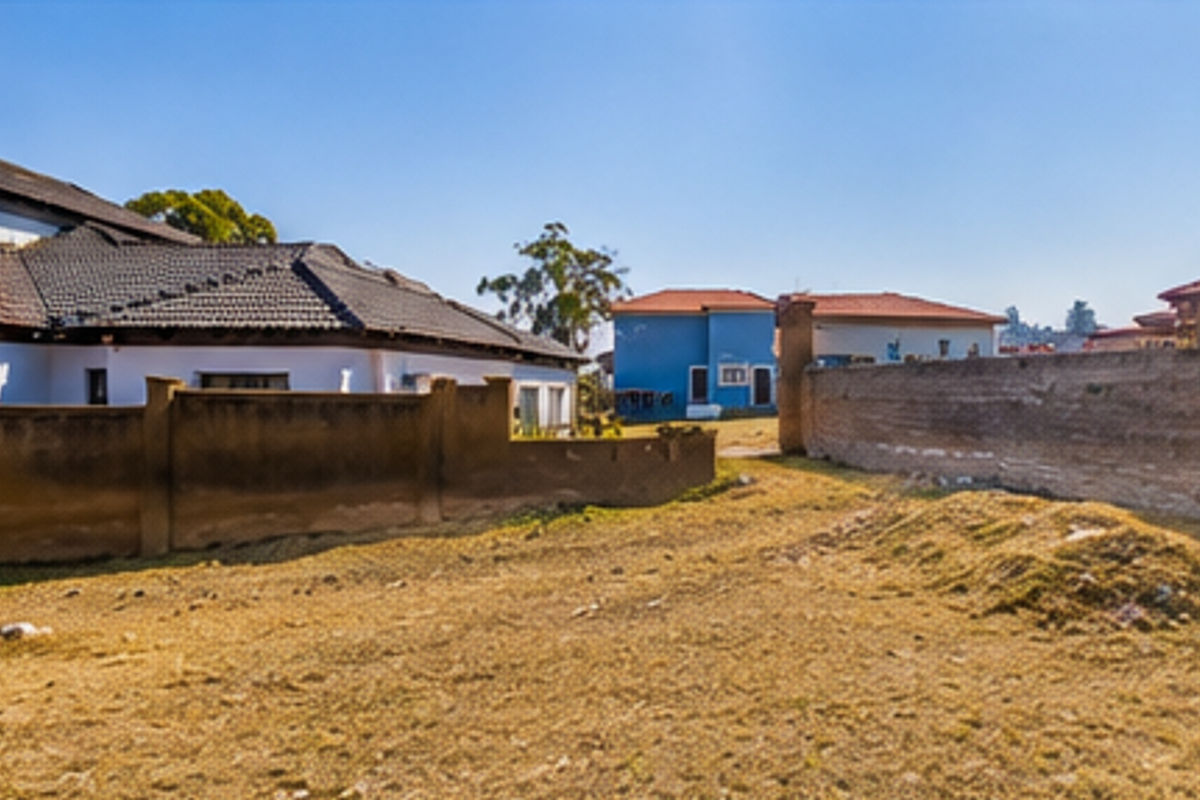 A view of a vacant residential plot showing surrounding boundary walls and neighboring properties.