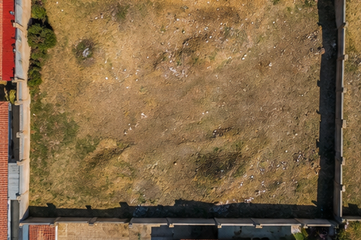 An aerial view of a vacant residential plot enclosed by perimeter walls, offering a clear perspective of the land's layout and boundaries.
