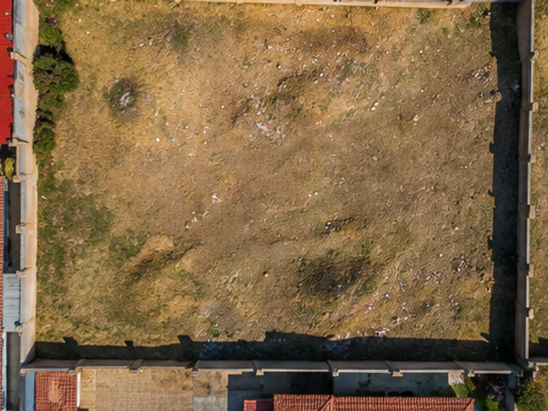 An aerial view of a vacant residential plot enclosed by perimeter walls, offering a clear perspective of the land's layout and boundaries.
