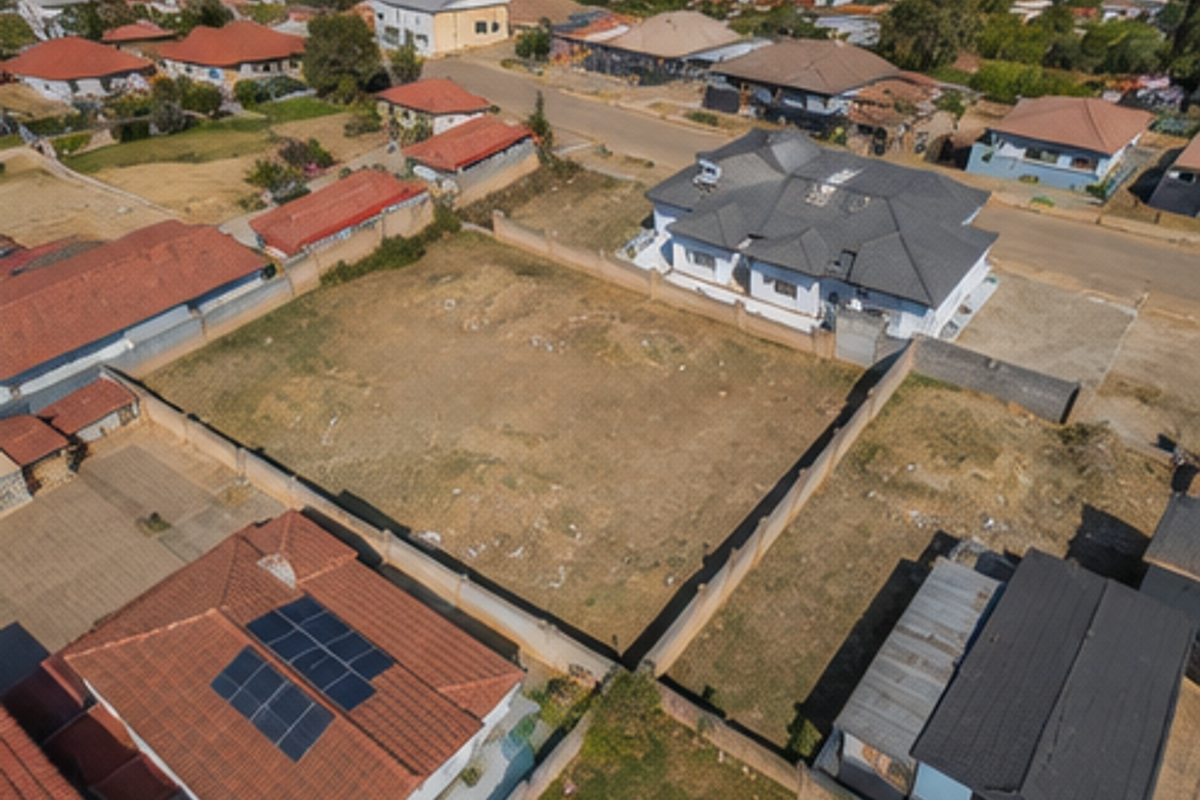 An aerial view of a vacant residential plot enclosed by perimeter boundary walls, situated within an established suburban neighborhood.
