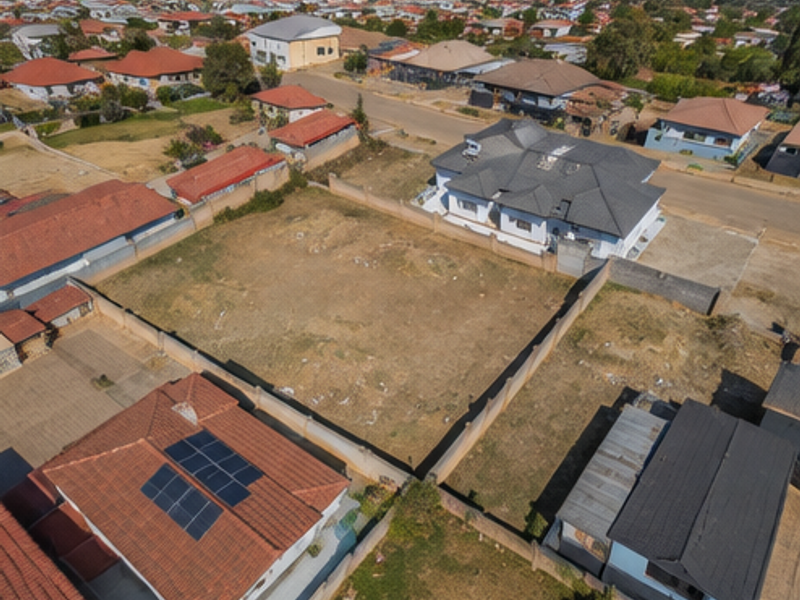 An aerial view of a vacant residential plot enclosed by perimeter boundary walls, situated within an established suburban neighborhood.