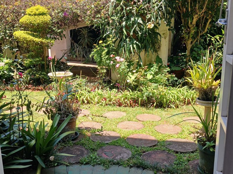 A lush, well-established private garden featuring a brick patio area and stone stepping path, viewed from an adjacent interior space.
