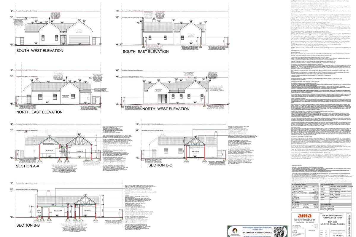 Architectural floor plan and elevation drawings for a proposed residential dwelling, detailing structural sections, building materials, and site specifications.