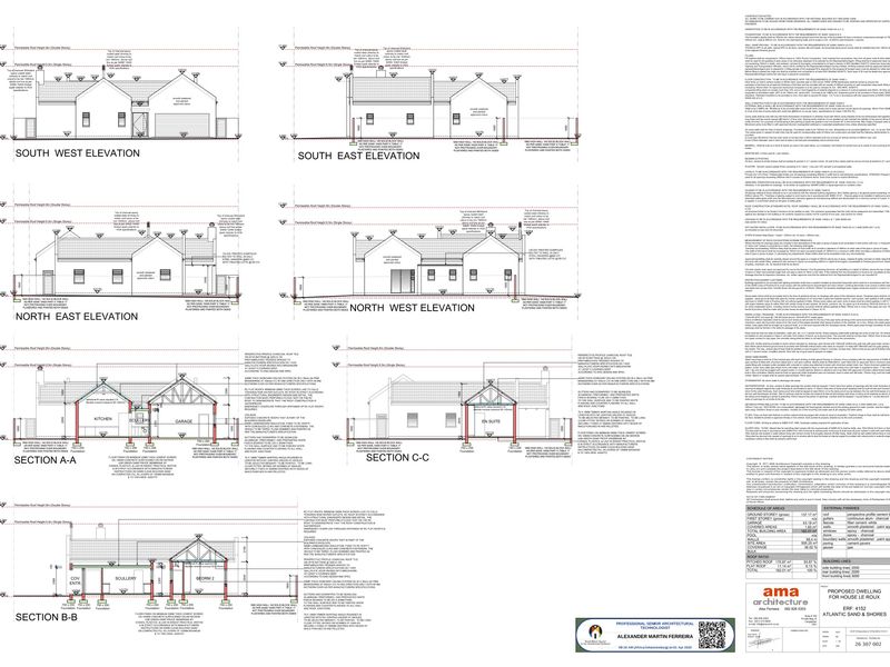 Architectural floor plan and elevation drawings for a proposed residential dwelling, detailing structural sections, building materials, and site specifications.