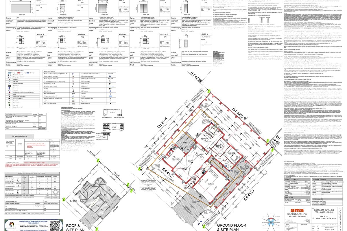 Architectural floor plan and site plan for a proposed residential dwelling, including technical specifications, door and window schedules, and area calculations.