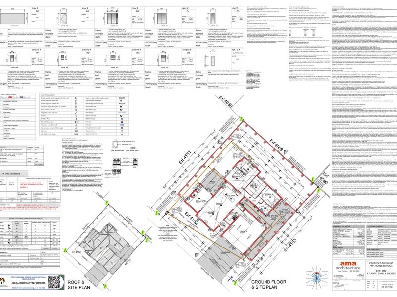 Architectural floor plan and site plan for a proposed residential dwelling, including technical specifications, door and window schedules, and area calculations.