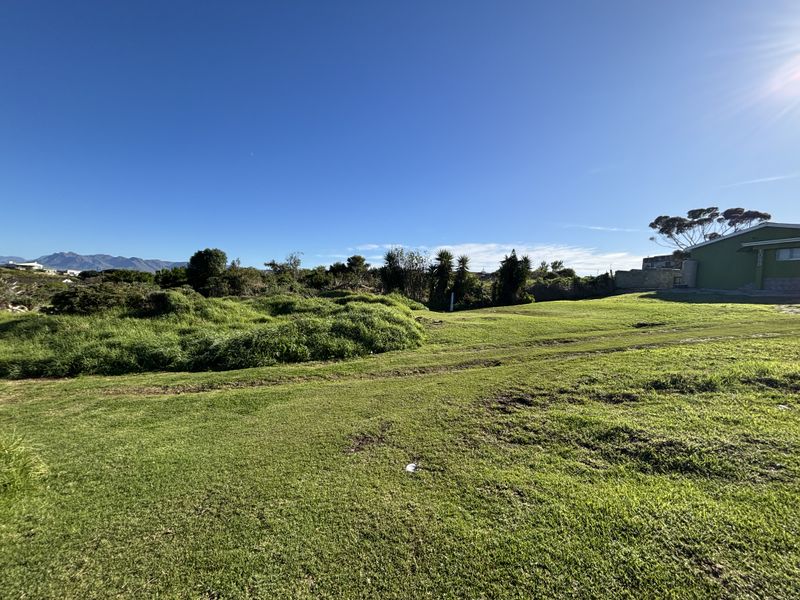 A view of a vacant residential plot featuring a grass lawn and established vegetation with mountain views in the distance.