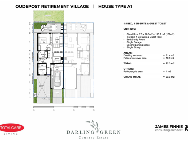 Architectural floor plan for a 1.5 bedroom townhouse unit at Oudepost Retirement Village, detailing layout, dimensions, and total area specifications.