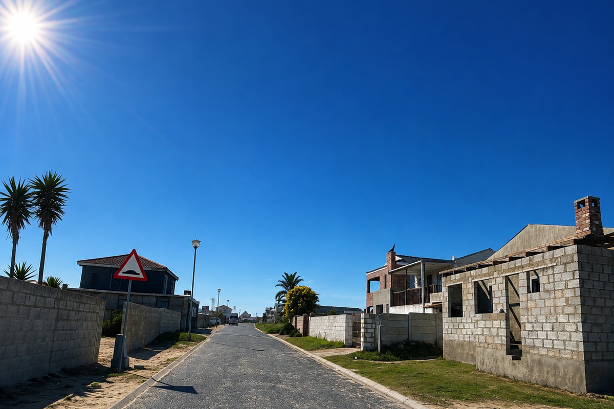 A street view of a residential area featuring paved roads, boundary walls, and an unfinished masonry building under construction.