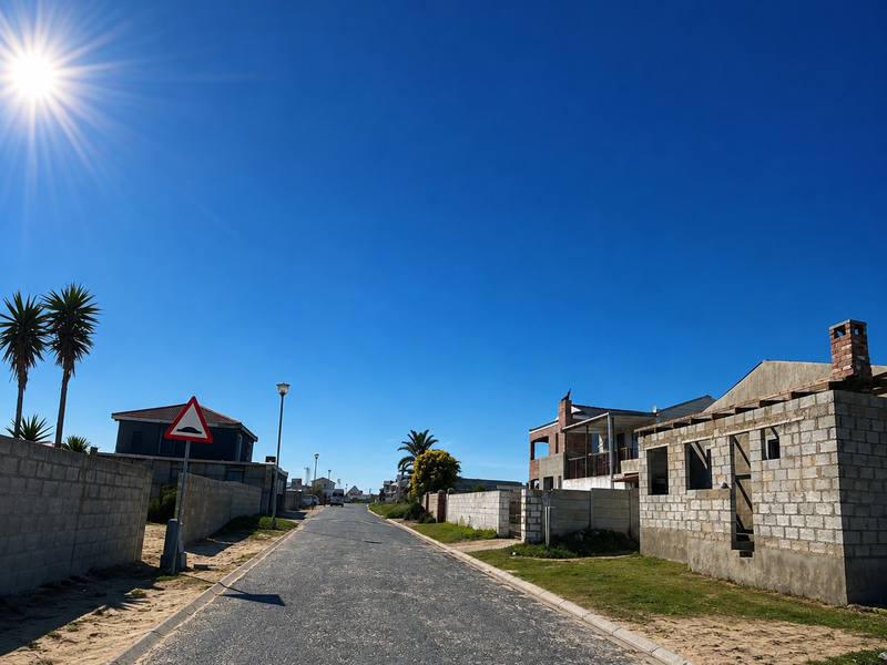 A street view of a residential area featuring paved roads, boundary walls, and an unfinished masonry building under construction.