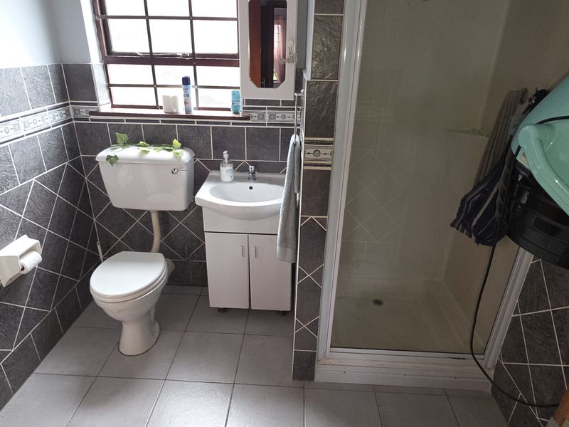 A functional bathroom featuring a shower enclosure, toilet, and pedestal basin with tiled walls and flooring.