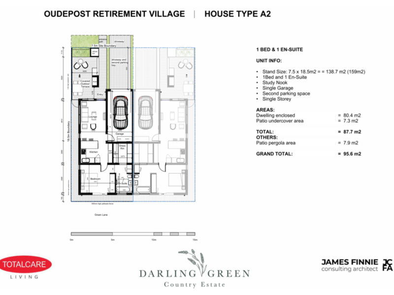 Architectural floor plan for a one-bedroom townhouse unit at Oudepost Retirement Village, detailing layout, dimensions, and total area specifications.