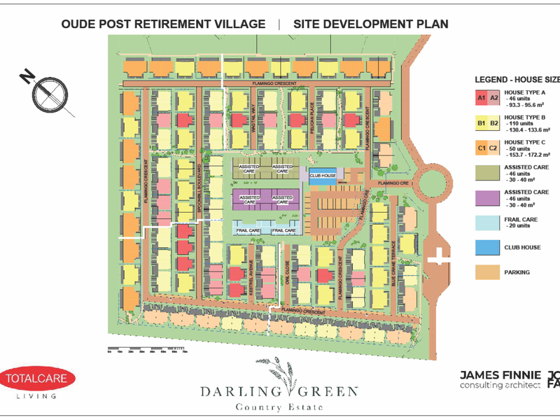 Site development plan for Oude Post Retirement Village, illustrating the layout of various house types, assisted care facilities, and the clubhouse.