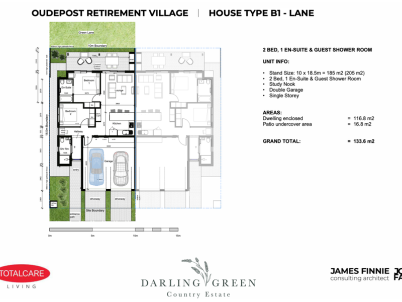 Architectural floor plan for a two-bedroom townhouse unit at Oudepost Retirement Village, featuring a double garage, study nook, and covered patio.