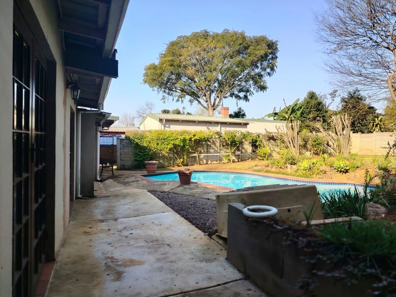 Outdoor pool area featuring a concrete patio, swimming pool, and brick boundary wall, providing a private space for relaxation and outdoor entertainment.