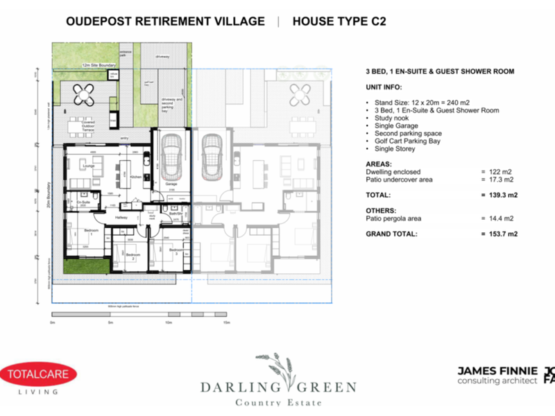 Architectural floor plan for a three-bedroom townhouse unit at Oudepost Retirement Village, detailing layout, parking, and total area specifications.