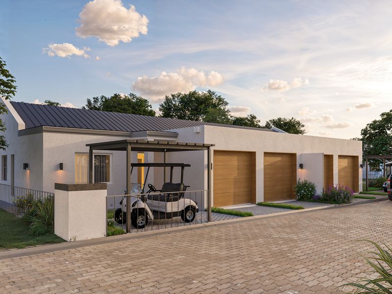 Modern townhouse exterior featuring a triple garage, paved driveway, and covered carport area with contemporary architectural finishes.