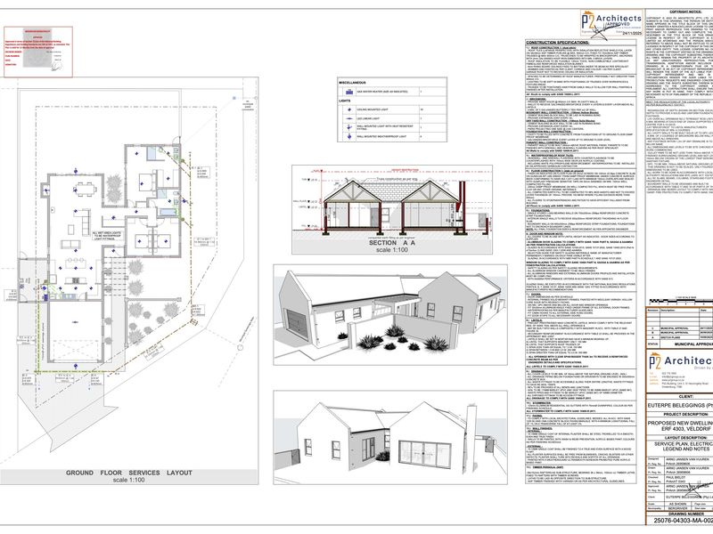 Architectural floor plan and service layout for a proposed new dwelling, including construction specifications and section details.