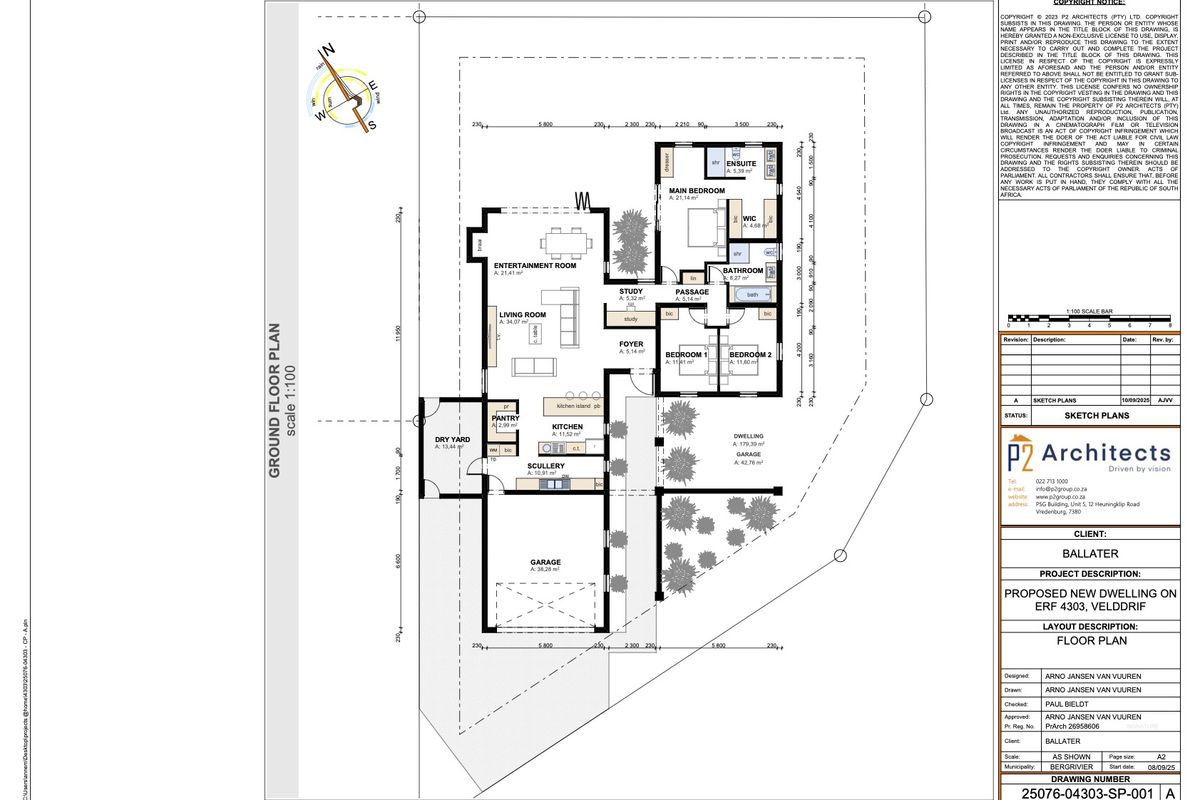 Architectural ground floor plan for a proposed new dwelling, detailing room layouts, dimensions, and site orientation.