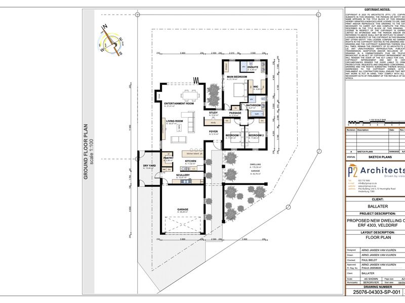 Architectural ground floor plan for a proposed new dwelling, detailing room layouts, dimensions, and site orientation.