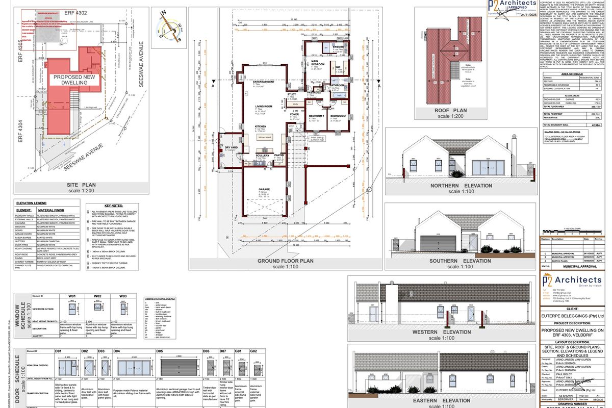 Architectural floor plan, site plan, and elevation drawings for a proposed new dwelling, detailing layout, dimensions, and material specifications.
