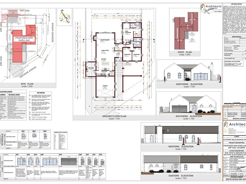Architectural floor plan, site plan, and elevation drawings for a proposed new dwelling, detailing layout, dimensions, and material specifications.