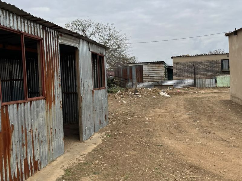 Exterior view of a basic structure with corrugated iron walls and a dirt yard area.