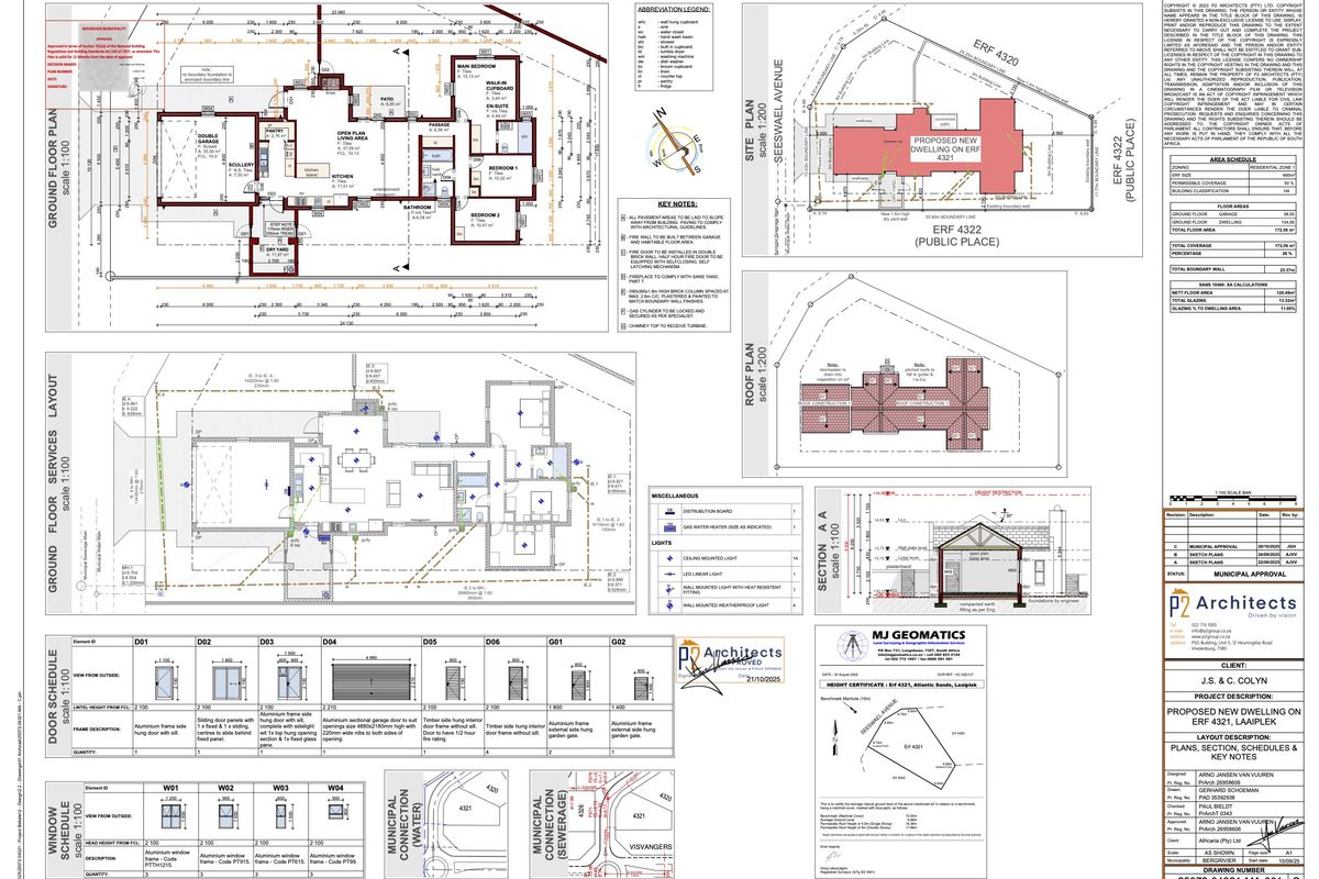 Comprehensive architectural floor plans, site layout, roof plan, and door and window schedules for the proposed new dwelling.