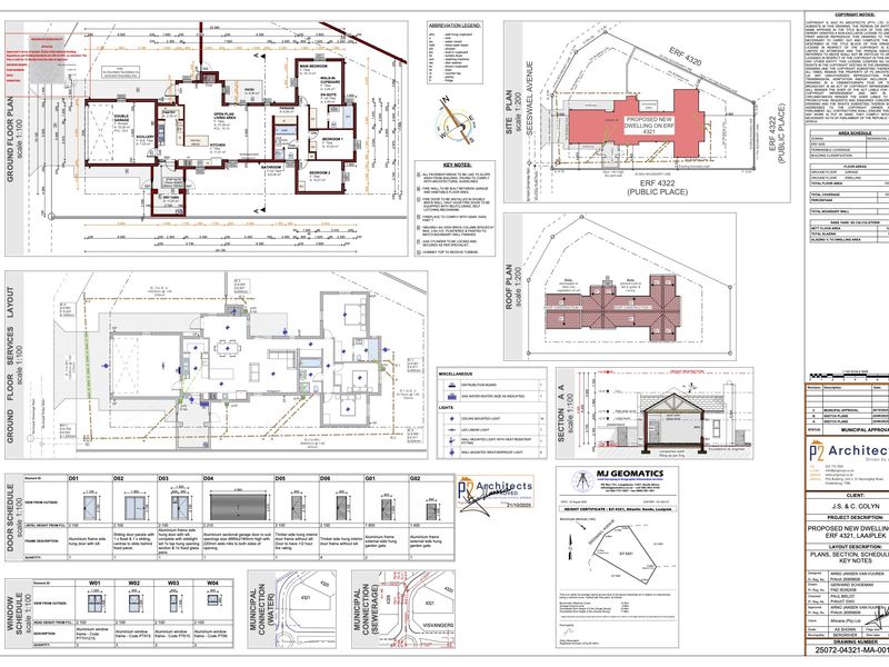 Comprehensive architectural floor plans, site layout, roof plan, and door and window schedules for the proposed new dwelling.