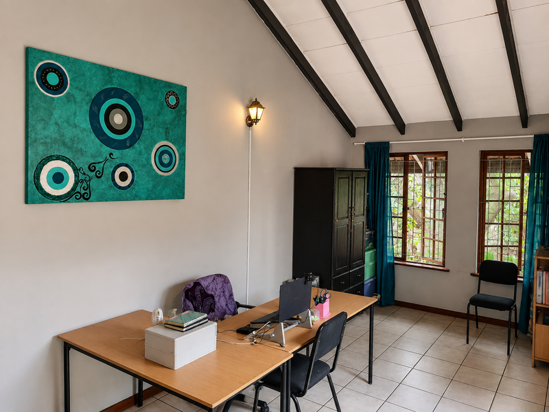 A bright home office featuring high vaulted ceilings with exposed timber beams, tiled flooring, and dual windows providing natural light.