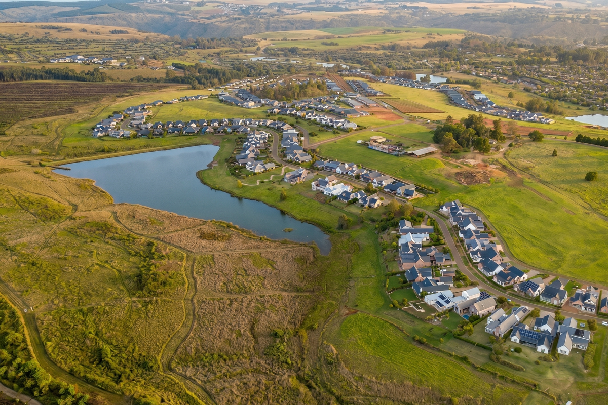 An expansive aerial view of a residential estate featuring a central lake, well-maintained homes, and surrounding green landscape.