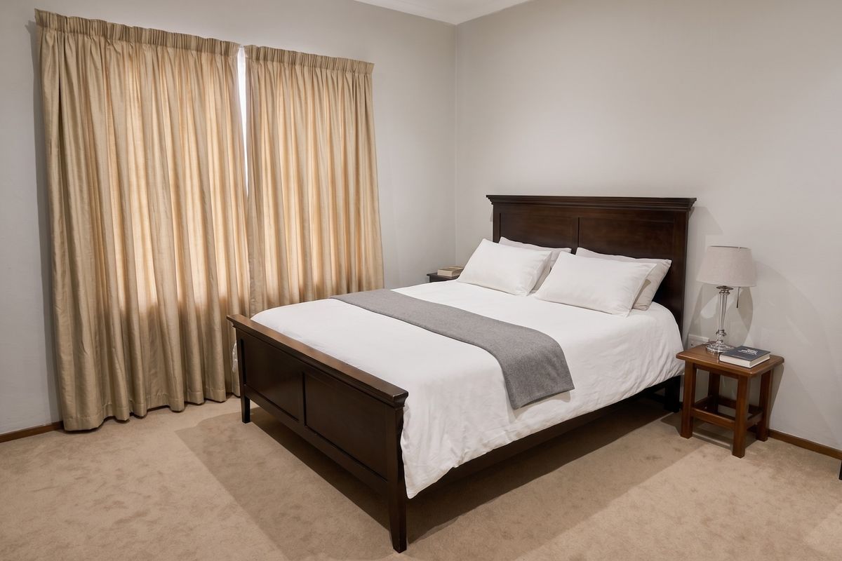 A well-maintained bedroom featuring neutral wall tones, carpeted flooring, and floor-to-ceiling curtains.