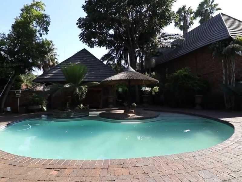 A backyard pool area featuring a swimming pool with a central island, surrounded by brick paving and mature garden landscaping.