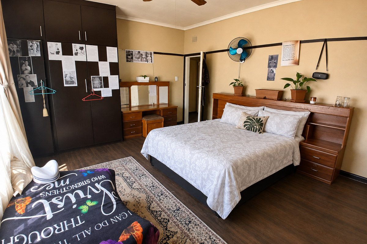 Spacious bedroom featuring dark wood-toned laminate flooring, a large built-in wardrobe, and a custom built-in headboard with integrated storage.