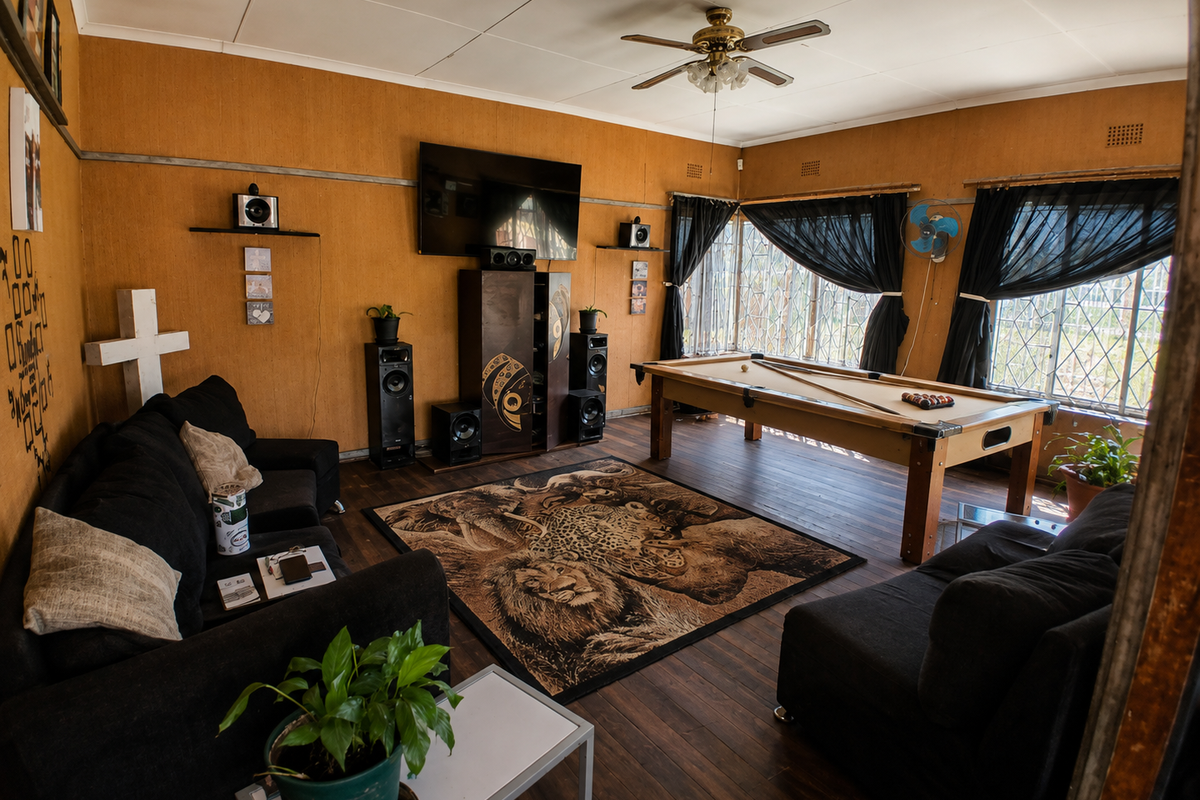 Spacious living area featuring hardwood flooring, ceiling fan, and security bars on windows, currently utilized as a lounge and games room.