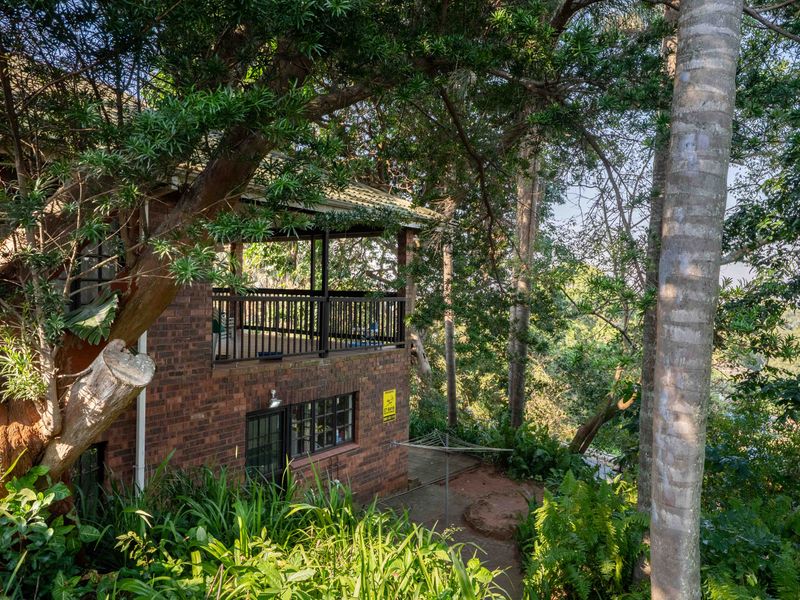 Rear view of the brick house featuring a raised balcony overlooking a lush, tree-filled garden setting.