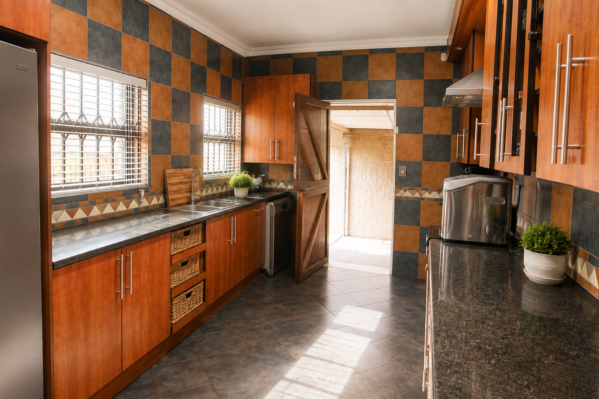 A functional kitchen featuring warm-toned wooden cabinetry, granite countertops, a double sink, and distinctive checkered wall tiling with direct access to an outdoor area.