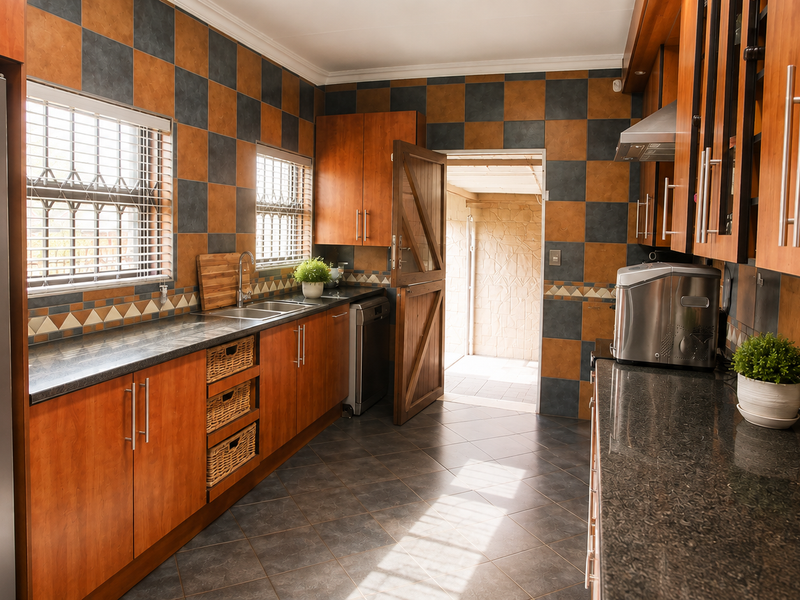 A functional kitchen featuring warm-toned wooden cabinetry, granite countertops, a double sink, and distinctive checkered wall tiling with direct access to an outdoor area.