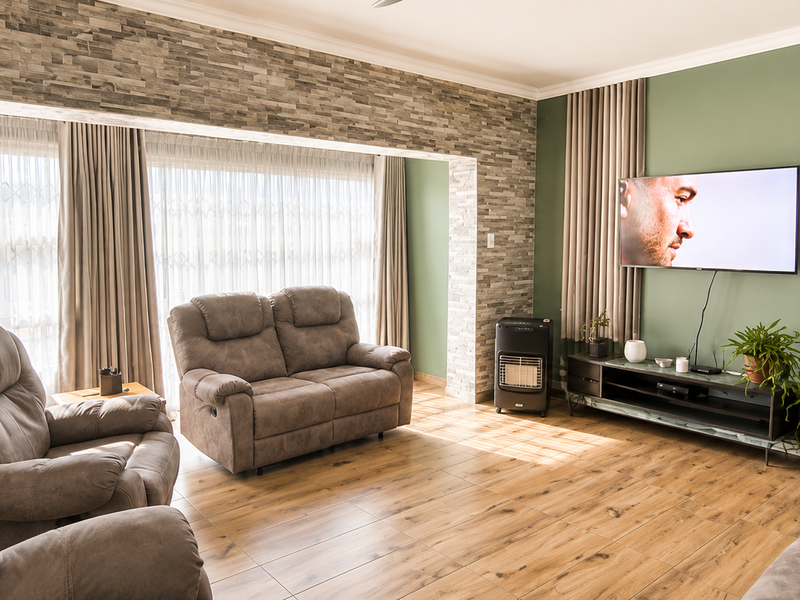 Spacious living room featuring a stone veneer accent wall, wood-look tile flooring, and large windows with integrated security gates.