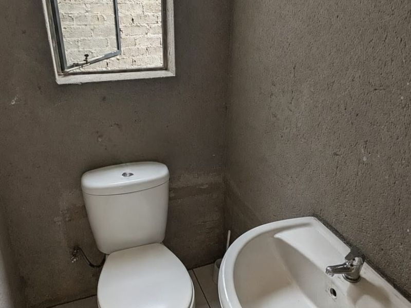 A small bathroom featuring a white toilet and pedestal basin, currently in an unfinished state with raw wall surfaces.