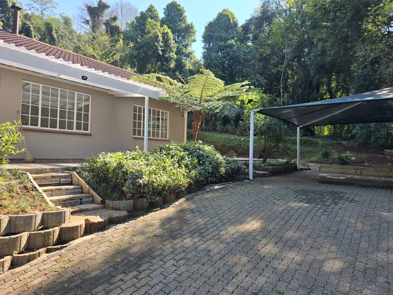 Front exterior view featuring a paved driveway, carport, stone steps leading to the entrance, and established garden surroundings.