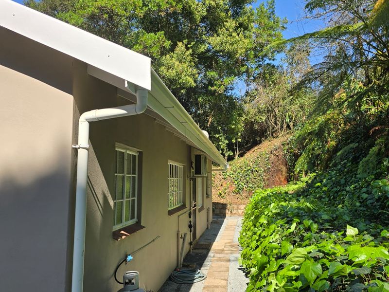 A side exterior view of the property featuring a paved pathway, guttering, and established garden greenery along the building wall.